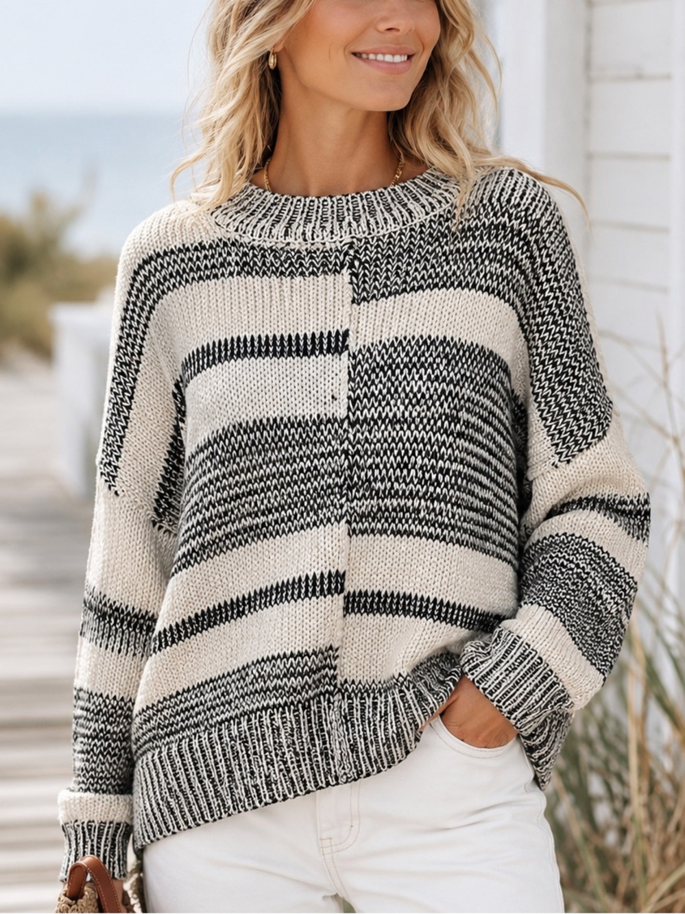 fab’rik Black Cream SOFT Oversized Striped Chunky Knit Sweater Coastal Sz Large